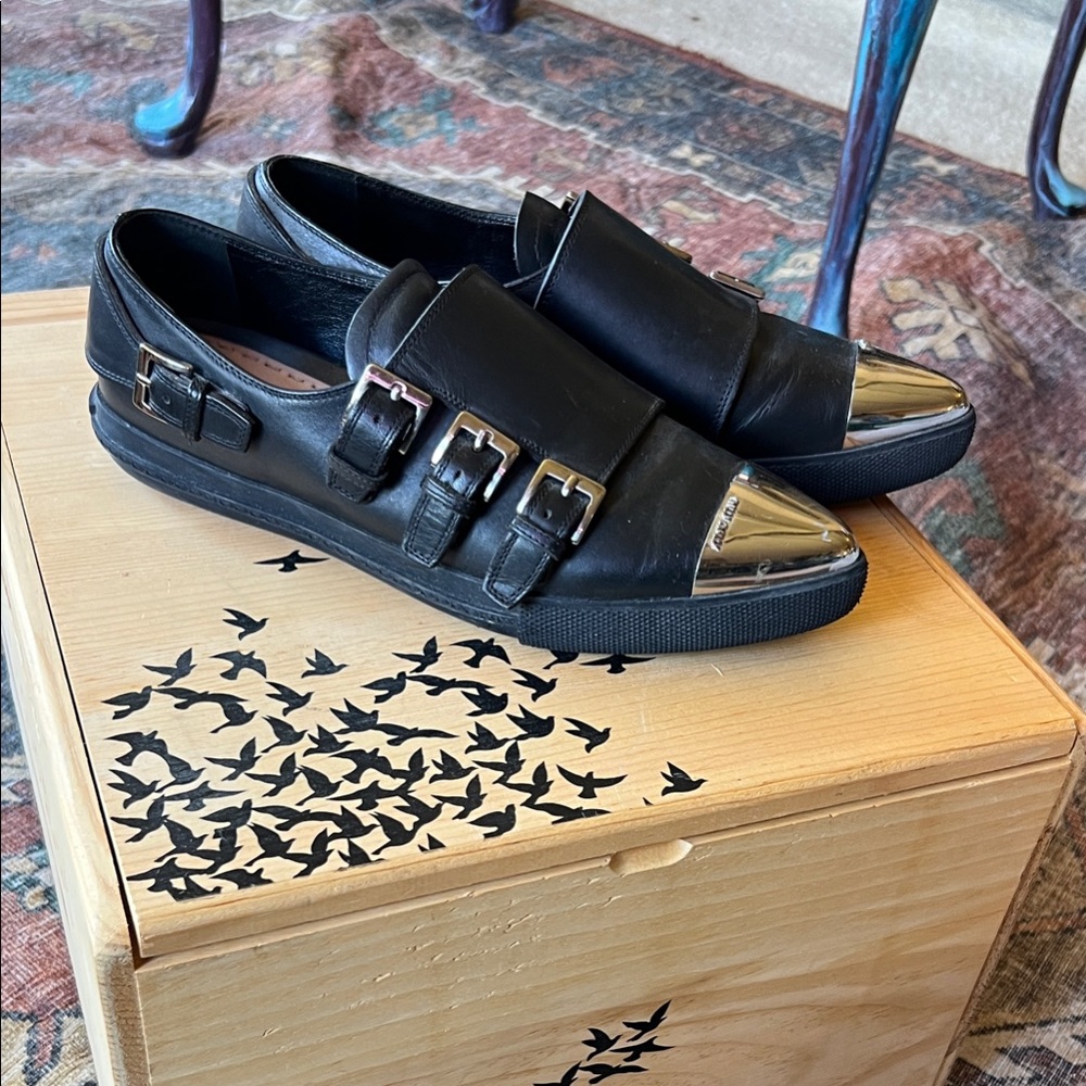 Mui Mui Black Leather Shoes with Silver Accents, Size 36